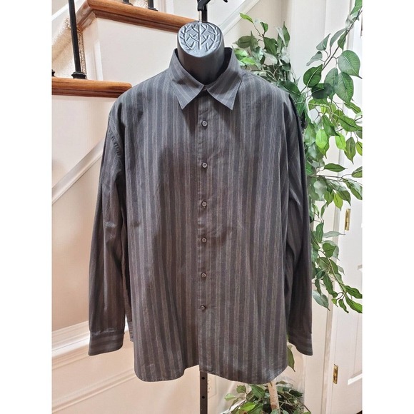 Perry Ellis Men Gray Striped Cotton Collared Long Sleeve Buttons Down Shirt 2XL - Picture 9 of 9